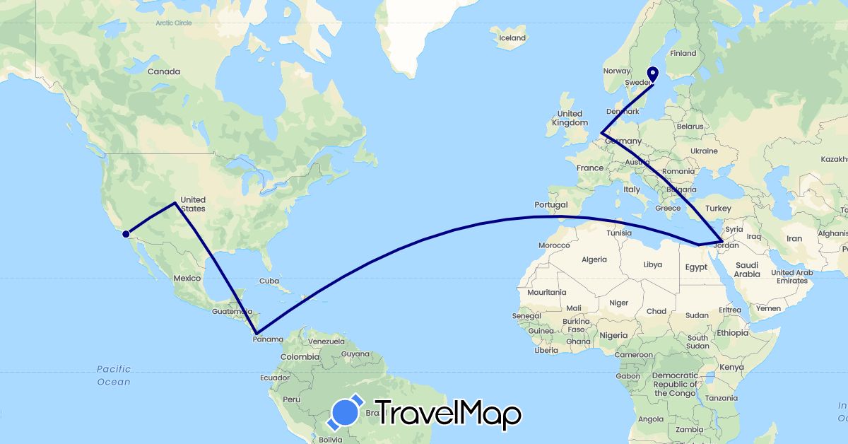 TravelMap itinerary: driving in Costa Rica, Egypt, Jordan, Netherlands, Sweden, United States (Africa, Asia, Europe, North America)